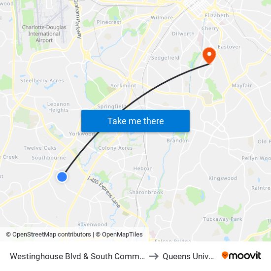 Westinghouse Blvd & South Commerce Blvd to Queens University map