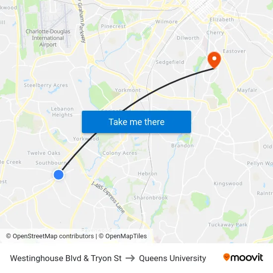 Westinghouse Blvd & Tryon St to Queens University map