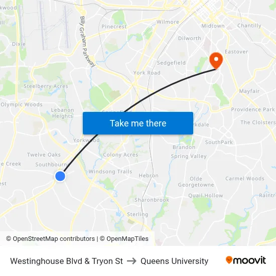 Westinghouse Blvd & Tryon St to Queens University map