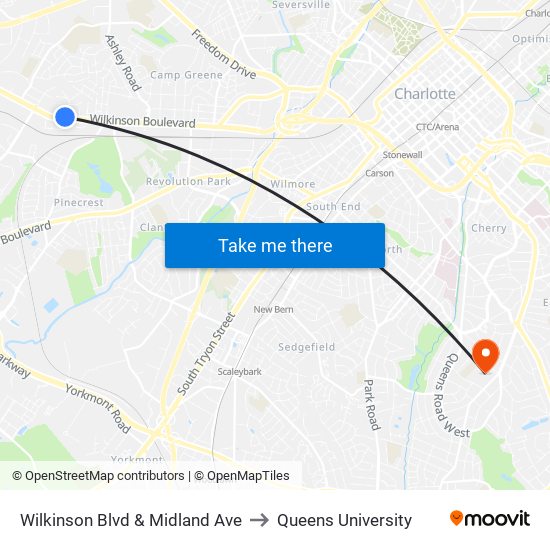 Wilkinson Blvd & Midland Ave to Queens University map