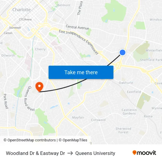 Woodland Dr & Eastway Dr to Queens University map