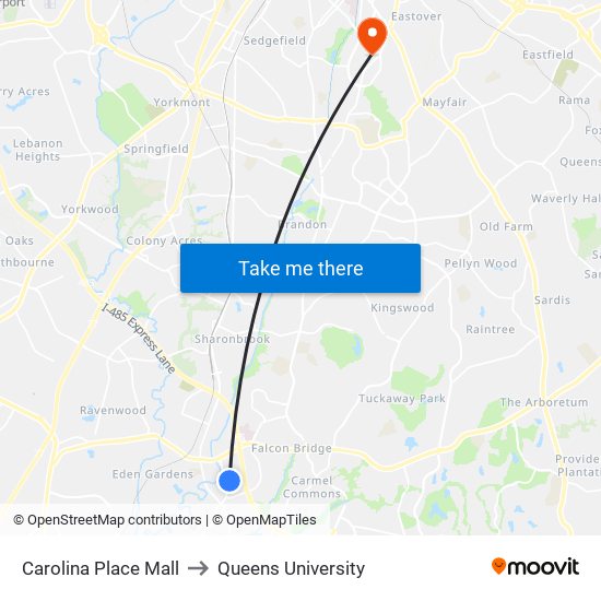 Carolina Place Mall to Queens University map