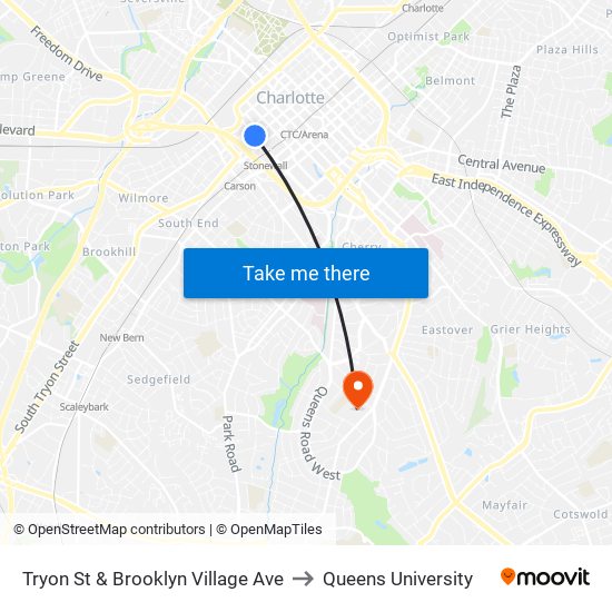 Tryon St & Brooklyn Village Ave to Queens University map