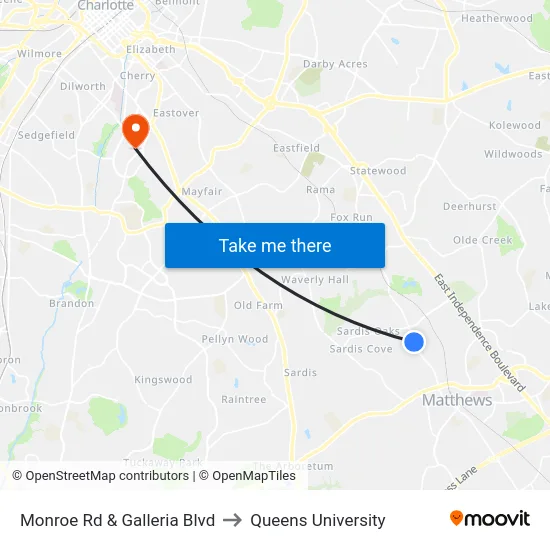 Monroe Rd & Galleria Blvd to Queens University map