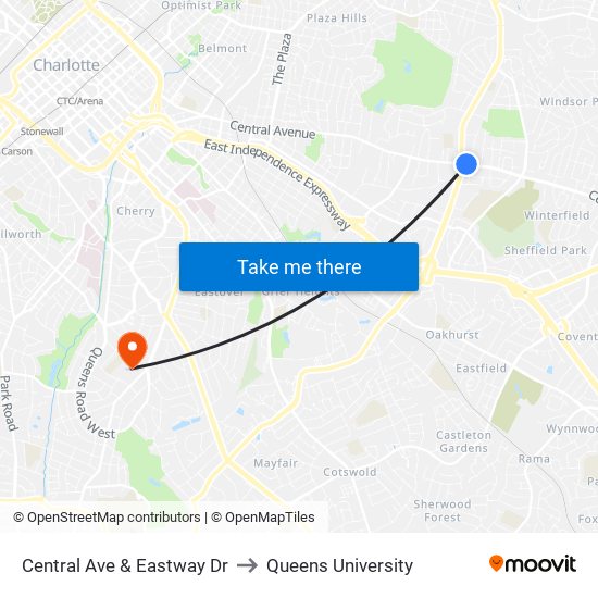 Central Ave & Eastway Dr to Queens University map