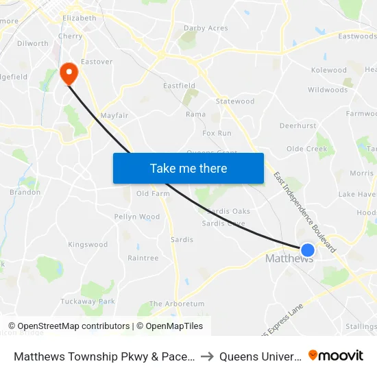 Matthews Township Pkwy & Paces Ave to Queens University map