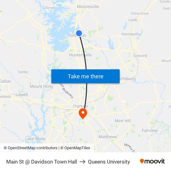 Main St @ Davidson Town Hall to Queens University map