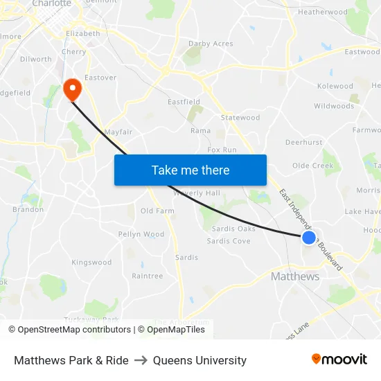 Matthews Park & Ride to Queens University map