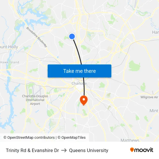 Trinity Rd & Evanshire Dr to Queens University map