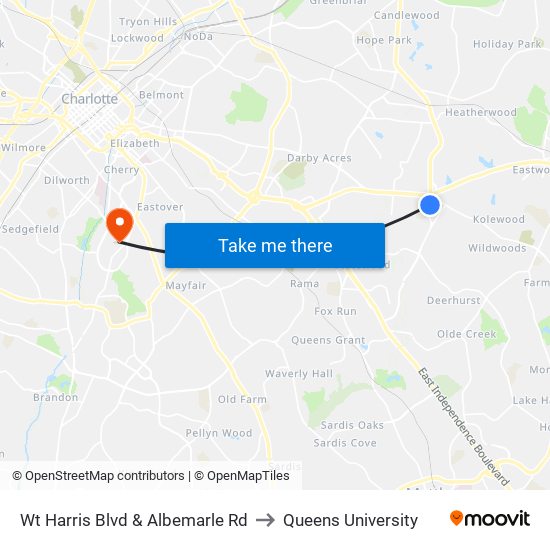 Wt Harris Blvd & Albemarle Rd to Queens University map