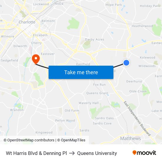 Wt Harris Blvd & Denning Pl to Queens University map