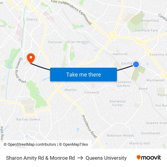 Sharon Amity Rd & Monroe Rd to Queens University map