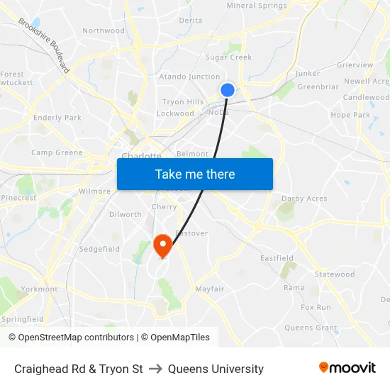 Craighead Rd & Tryon St to Queens University map