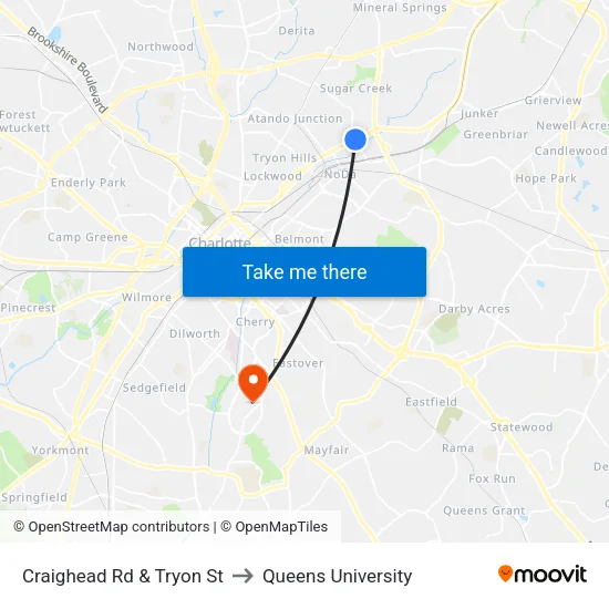 Craighead Rd & Tryon St to Queens University map