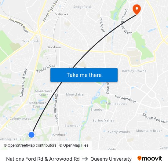 Nations Ford Rd & Arrowood Rd to Queens University map