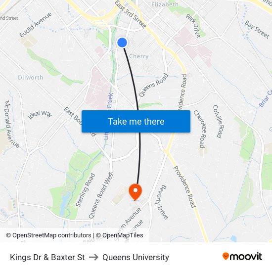 Kings Dr & Baxter St to Queens University map