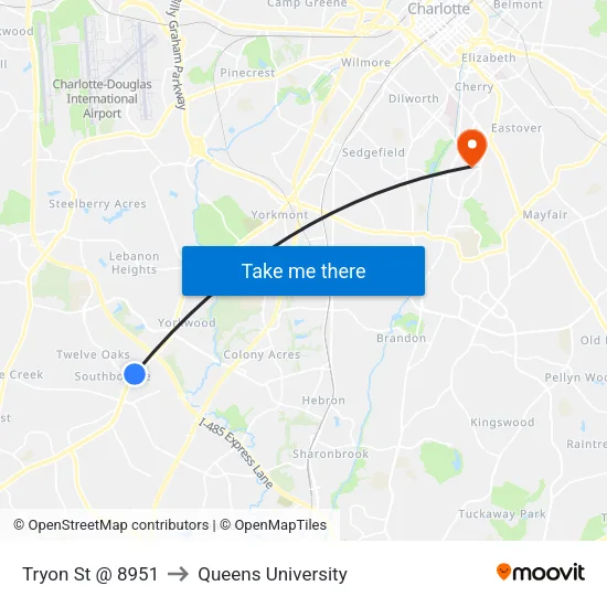 Tryon St @ 8951 to Queens University map