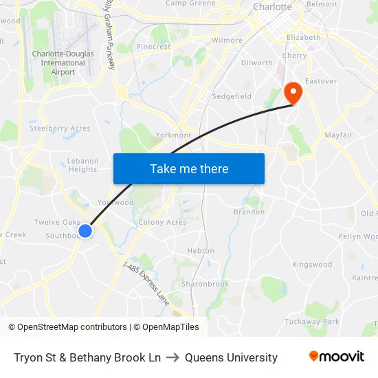 Tryon St & Bethany Brook Ln to Queens University map