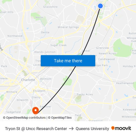 Tryon St @ Uncc Research Center to Queens University map