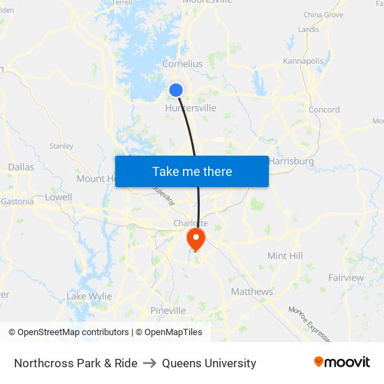 Northcross Park & Ride to Queens University map