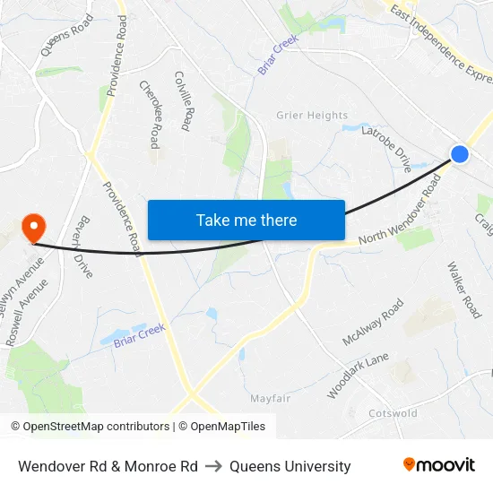 Wendover Rd & Monroe Rd to Queens University map