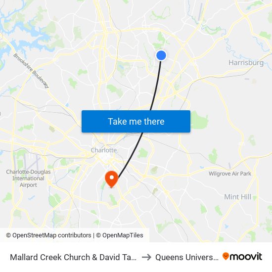 Mallard Creek Church & David Taylor to Queens University map