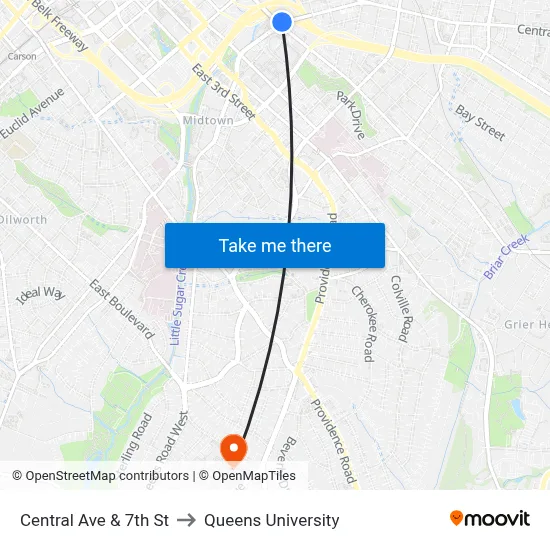 Central Ave & 7th St to Queens University map