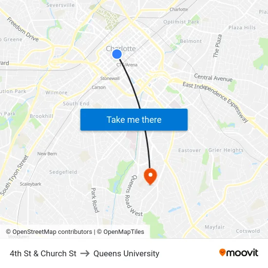 4th St & Church St to Queens University map