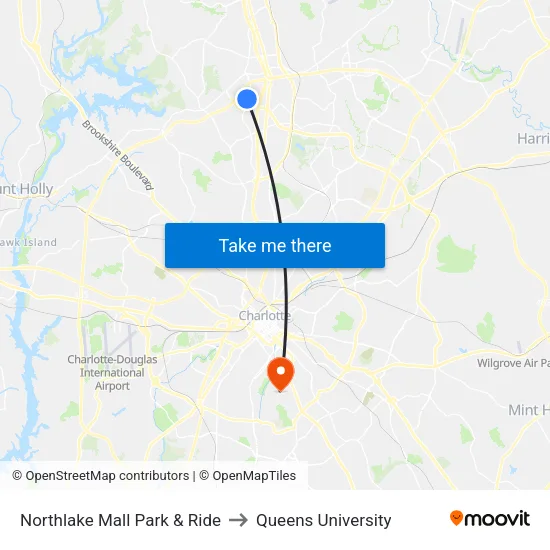 Northlake Mall Park & Ride to Queens University map