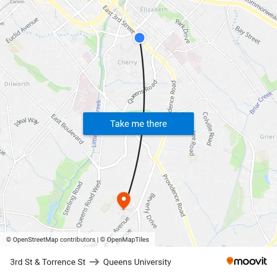 3rd St & Torrence St to Queens University map