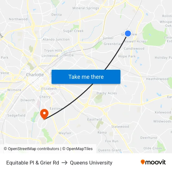 Equitable Pl & Grier Rd to Queens University map