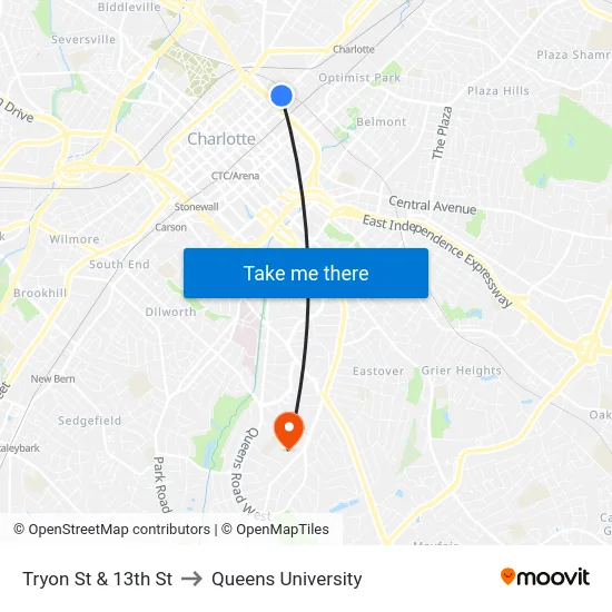 Tryon St & 13th St to Queens University map