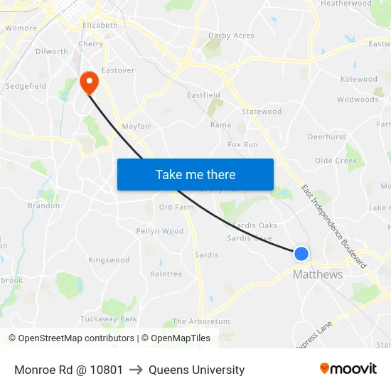 Monroe Rd @ 10801 to Queens University map
