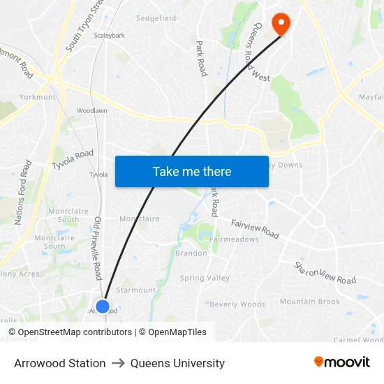 Arrowood Station to Queens University map