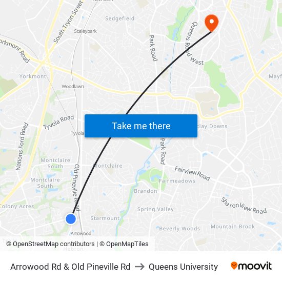 Arrowood Rd & Old Pineville Rd to Queens University map