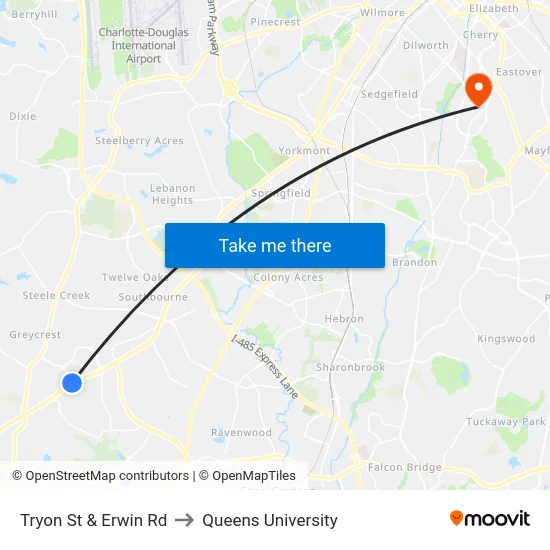 Tryon St & Erwin Rd to Queens University map