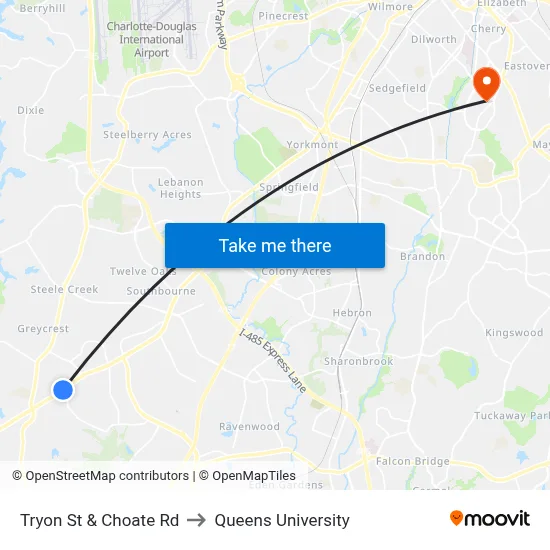Tryon St & Choate Rd to Queens University map