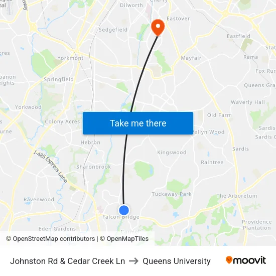 Johnston Rd & Cedar Creek Ln to Queens University map