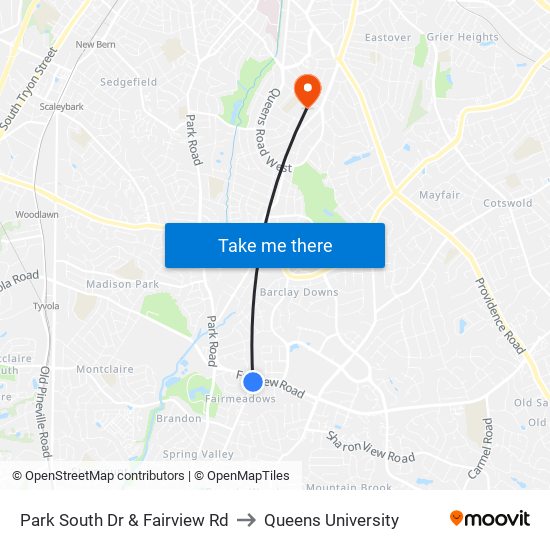 Park South Dr & Fairview Rd to Queens University map