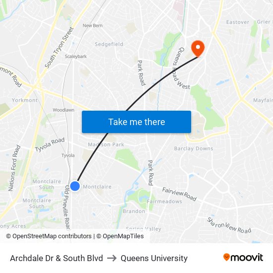 Archdale Dr & South Blvd to Queens University map