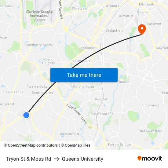 Tryon St & Moss Rd to Queens University map