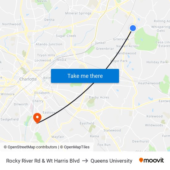Rocky River Rd & Wt Harris Blvd to Queens University map