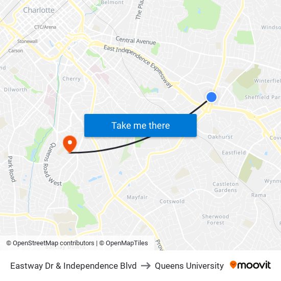 Eastway Dr & Independence Blvd to Queens University map