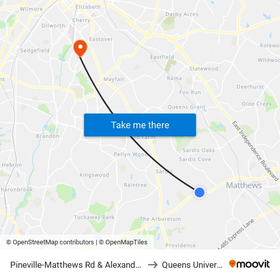 Pineville-Matthews Rd & Alexander Rd to Queens University map