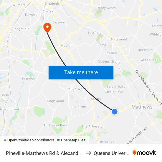 Pineville-Matthews Rd & Alexander Rd to Queens University map