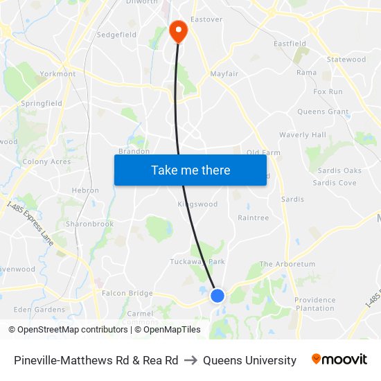 Pineville-Matthews Rd & Rea Rd to Queens University map