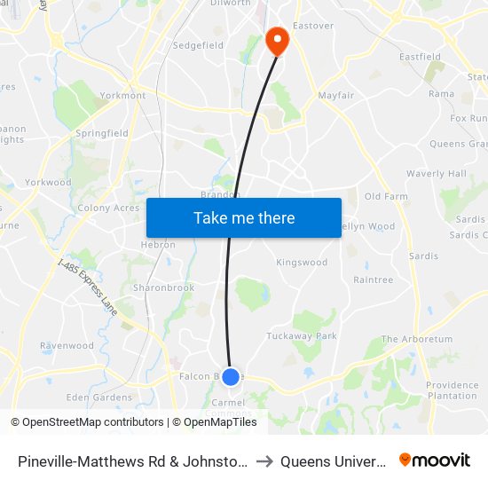 Pineville-Matthews Rd & Johnston Rd to Queens University map