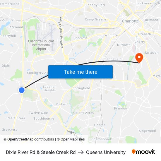 Dixie River Rd & Steele Creek Rd to Queens University map