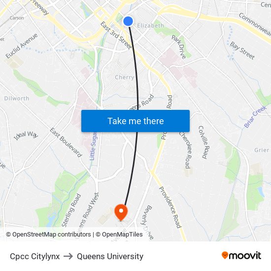 Cpcc Citylynx to Queens University map