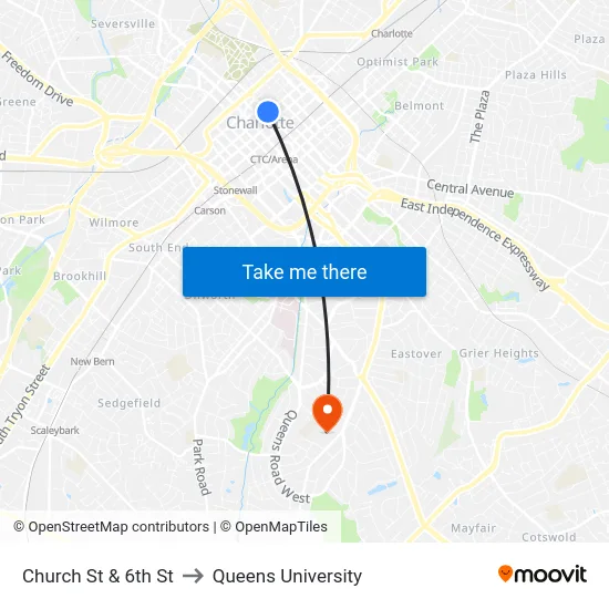 Church St & 6th St to Queens University map